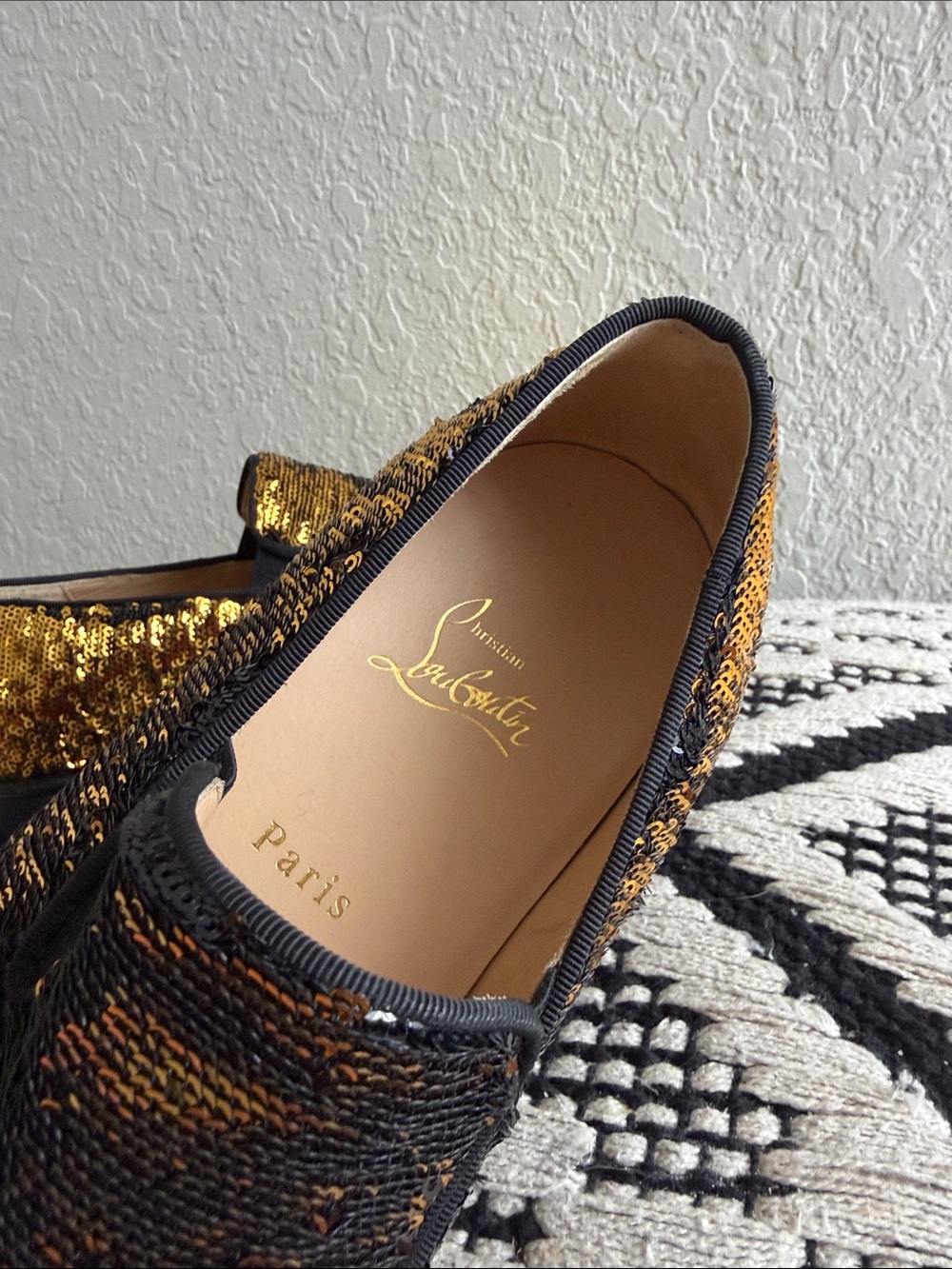 Christian Louboutin Black and Gold Sequin Slip-On Shoes - Picture 9 of 9
